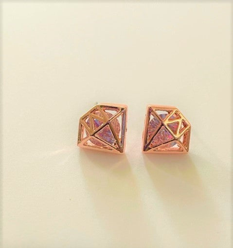 Cubic Zirconia Hollow Diamond Ear Studs - Rose Gold