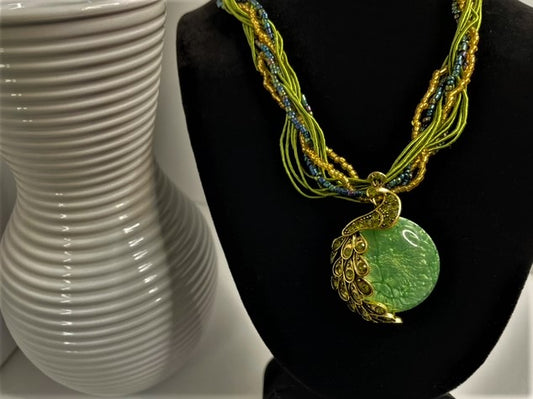 Rhinestone Embellished Peacock on the Moon Pendant