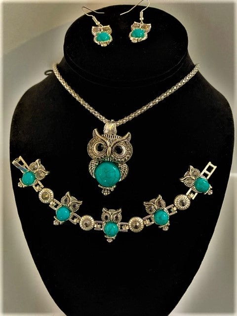 Inlaid Night Owl Necklace Bracelet and Earrings